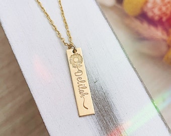 Sunflower Name Bar Necklace • Hanging Vertical Bar Jewelry • Gold Filled Sterling Silver Jewellery Bestie Christmas Floral Flowers Botanical