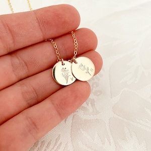 Personalised Birth Flowers Necklace, Round Midi Disc, Floral Dainty Sentimental Gift for Mum Daughter Sister, Bridesmaids Besties Jewellery