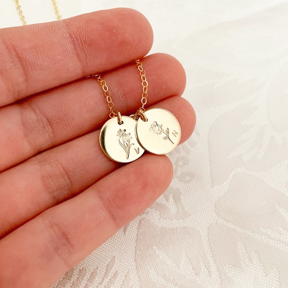 Personalised Birth Flowers Necklace Round Midi Disc Floral Dainty Sentimental Gift for Mum Daughter Sister Bridesmaids Besties Jewellery