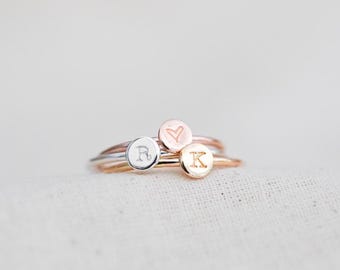 Dainty Initial Round Disc Ring - Custom Letter Ring - Personalised Tiny Alphabet Ring, Gold Filled Sterling Silver Stackable Stacking Rings