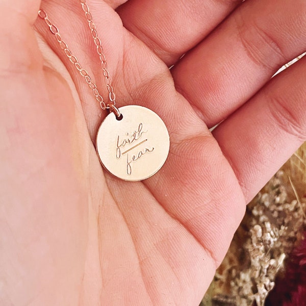 Faith over Fear Necklace , Large Disc , Inspirational Meaningful Jewelry with Meaning Encouraging Words Dainty Jewellery Gift Graduation