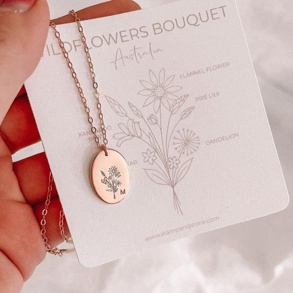 Australian Wildflowers Bouquet Necklace , Oval Disc ,Personalised floral wild flower Jewelry 18th 21st 30th Gift for Her , Australia Flora