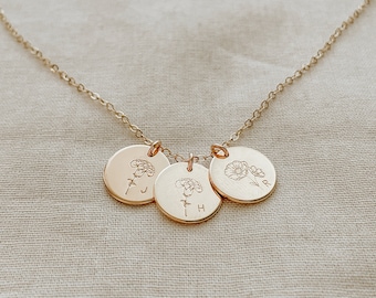 Personalized Birth Flower Disc Necklace, Gold Filled Sterling Silver, Floral Jewelry