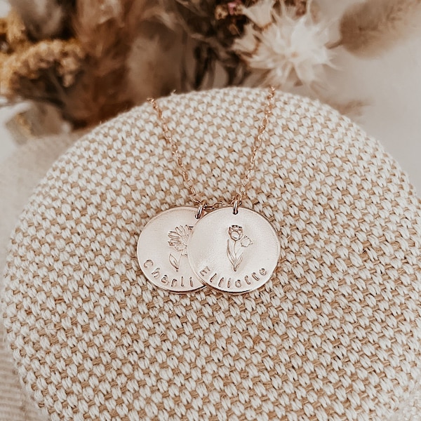 Double Birth Flower & Name Necklace , Large Disc ,Florals 21st Birthday Gift Daughter Mom Mum Jewelry , Dainty Jewellery Gift Graduation