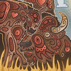May include: A stylized illustration of a brown bison with intricate patterns and red, yellow, and white accents. The bison is depicted with a large, curved horn and a smaller bison calf nestled beside it.