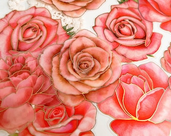 Gold Foil Pink Rose PET Sticker, 10 Pieces Large flower Sticker, Waterproof, Journal Scrapbooking Bujo Planner, Decorative