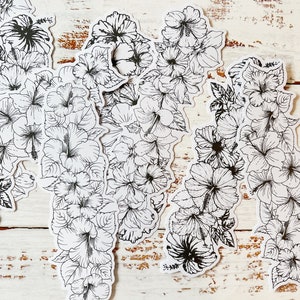 10 pièces autocollant long noir et blanc fleur d'hibiscus, autocollants de journal fleurs, éphémères, journal indésirable, fabrication de cartes