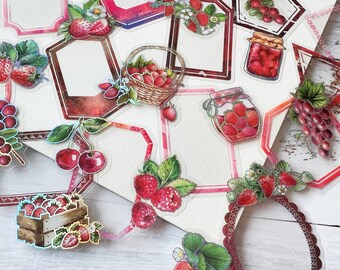 May include: A set of clear stickers with various designs featuring red berries, cherries, strawberries, and grapes. The stickers are perfect for adding a touch of whimsy to journals, planners, and other craft projects.