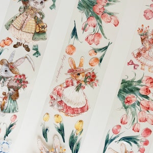 Échantillon Loop Rabbit Tulip Garden PET Tape, Moodtape Lily Rabbit Tulip Garden Tape Sample, Masking Tape, Papeterie, Journal, Scrapbook, Bujo