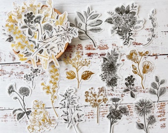 Botanical Washi Stickers: Gold Foil & Black White, 40 Pieces