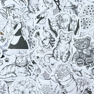 60 pièces autocollants fille noir et blanc, autocollants fleurs chat des forêts, thé de l'après-midi, agenda de scrapbooking, travaux manuels, fabrication de cartes