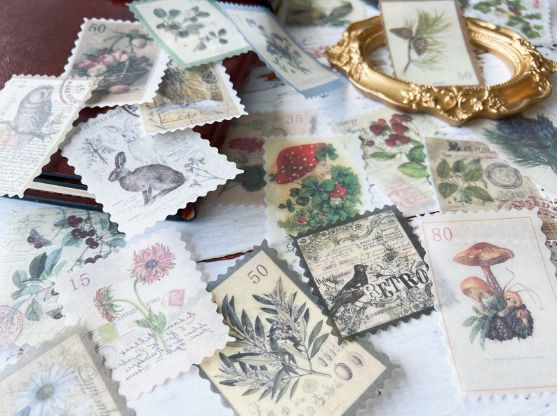 May include: A collection of vintage-style postage stamps featuring botanical illustrations, animals, and mushrooms. The stamps have scalloped edges and include numbers and text. The color palette includes muted greens, browns, and creams, creating a nostalgic aesthetic.