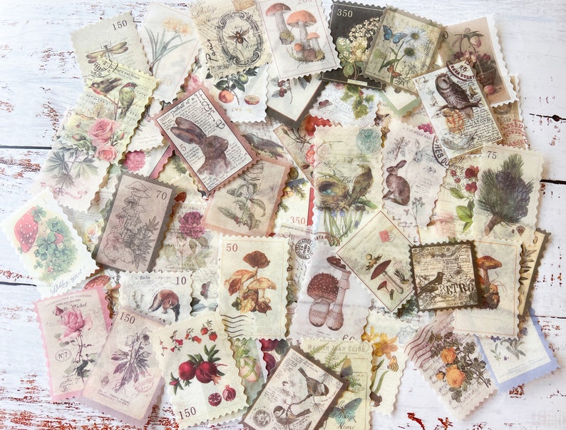 May include: A collection of vintage-style paper stamps with various botanical and animal illustrations. The stamps feature images of mushrooms, rabbits, birds, flowers, and insects, with numbers and text accents. The color palette includes soft pastels and muted tones.