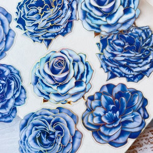 Sticker pour animal de compagnie feuilles d'or roses bleues, 10 pièces de fleurs autocollant journal, autocollant imperméable, scrapbooking, bujo, agenda