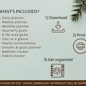 Puede incluir: Gr&aacute;fico de descarga digital con texto que enumera las funciones del planificador incluidas: planificadores diarios, semanales, mensuales y trimestrales, objetivos, rastreadores y m&aacute;s. Las instrucciones muestran c&oacute;mo descargar, imprimir y organizarse.
