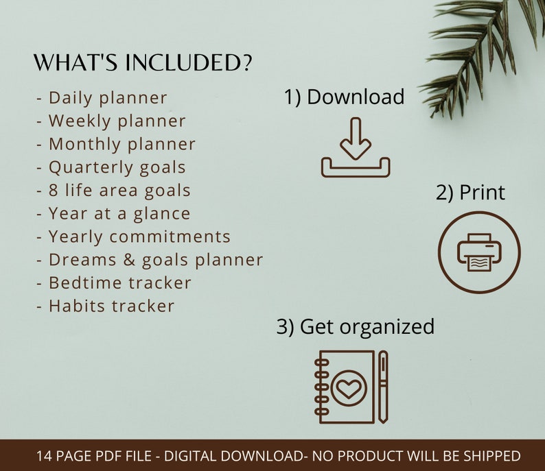 Puede incluir: Gr&aacute;fico de descarga digital con texto que enumera las funciones del planificador incluidas: planificadores diarios, semanales, mensuales y trimestrales, objetivos, rastreadores y m&aacute;s. Las instrucciones muestran c&oacute;mo descargar, imprimir y organizarse.
