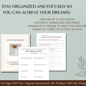 Puede incluir: Un planificador digital con el texto "&iexcl;Mantente organizado y enfocado para que puedas lograr tus sue&ntilde;os!" El planificador incluye p&aacute;ginas para objetivos de vida, sue&ntilde;os y planificaci&oacute;n de metas. Disponible en tama&ntilde;os US Letter, A4 y A5.