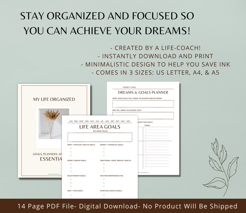 Puede incluir: Un planificador digital con el texto "&iexcl;Mantente organizado y enfocado para que puedas lograr tus sue&ntilde;os!" El planificador incluye p&aacute;ginas para objetivos de vida, sue&ntilde;os y planificaci&oacute;n de metas. Disponible en tama&ntilde;os US Letter, A4 y A5.