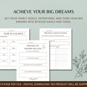 Puede incluir: Una descarga digital de planificadores imprimibles para la fijaci&oacute;n de objetivos. Las p&aacute;ginas incluyen secciones para objetivos anuales, intenciones y la divisi&oacute;n de los sue&ntilde;os en tareas. El texto dice "Achieve Your Big Dreams" y "Dreams & Goals Planner."