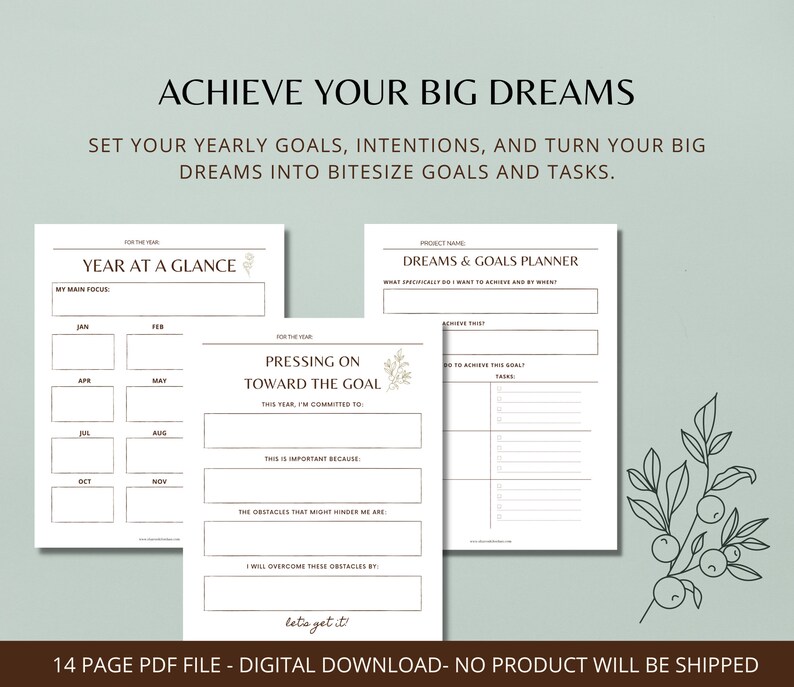 Puede incluir: Una descarga digital de planificadores imprimibles para la fijaci&oacute;n de objetivos. Las p&aacute;ginas incluyen secciones para objetivos anuales, intenciones y la divisi&oacute;n de los sue&ntilde;os en tareas. El texto dice "Achieve Your Big Dreams" y "Dreams & Goals Planner."