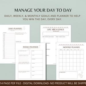 Puede incluir: Un planificador digital con dise&ntilde;os diarios, semanales y mensuales. Las p&aacute;ginas incluyen secciones para la programaci&oacute;n, los objetivos y las reflexiones. El texto de la imagen dice "Manage Your Day to Day" y "Daily, Weekly, & Monthly Goals and Planner to Help You Win the Day, Every Day."