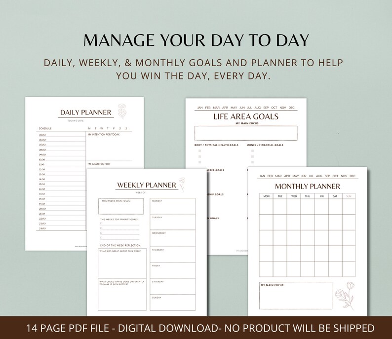 Puede incluir: Un planificador digital con dise&ntilde;os diarios, semanales y mensuales. Las p&aacute;ginas incluyen secciones para la programaci&oacute;n, los objetivos y las reflexiones. El texto de la imagen dice "Manage Your Day to Day" y "Daily, Weekly, & Monthly Goals and Planner to Help You Win the Day, Every Day."