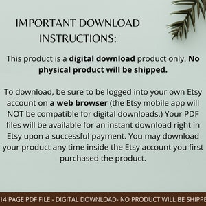 Puede incluir: Texto sobre un fondo verde claro con instrucciones importantes de descarga. El producto es una descarga digital, sin env&iacute;o f&iacute;sico. Instrucciones para iniciar sesi&oacute;n en Etsy a trav&eacute;s de un navegador web para acceder a los archivos PDF.