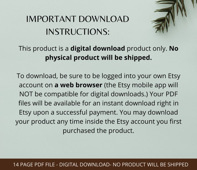 Puede incluir: Texto sobre un fondo verde claro con instrucciones importantes de descarga. El producto es una descarga digital, sin env&iacute;o f&iacute;sico. Instrucciones para iniciar sesi&oacute;n en Etsy a trav&eacute;s de un navegador web para acceder a los archivos PDF.