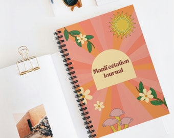 manifestation soft cover journal, mushroom notebook, retro groovy spiral bound journal, botanical flower notebook, sun 70s inspired journal