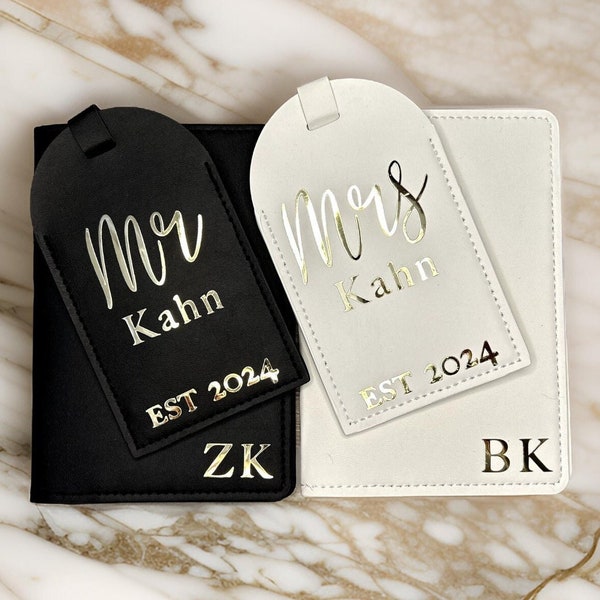 Personalised Luggage Tags & Passport Cover Mr Mrs Set, Wedding Gift for Bride and Groom, Suitcase Tag for Honeymoon Travel