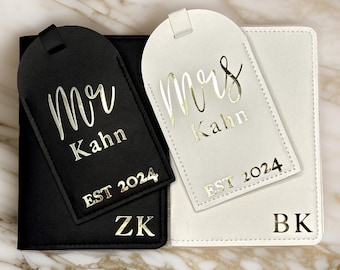 Personalised Luggage Tags & Passport Cover Mr Mrs Set, Wedding Gift for Bride and Groom, Suitcase Tag for Honeymoon Travel