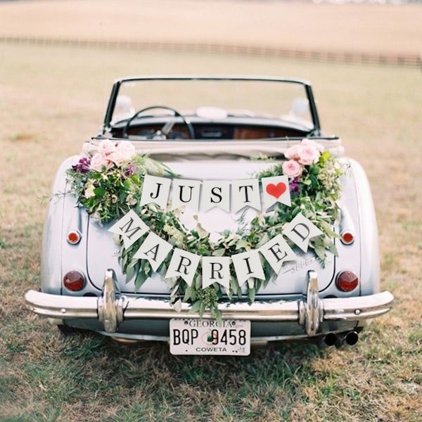 Banderines de boda recién casados - Banner de boda blanco Decoración de coche - Decoración de lugar de boda - Banner rojo Mr & Mrs Photo Prop