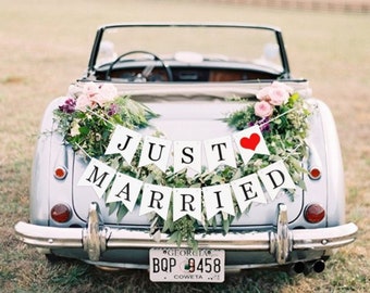 Bruant coeur blanc pour mariage Just Married | Décoration de bannière de voiture de mariage de M. et Mme.