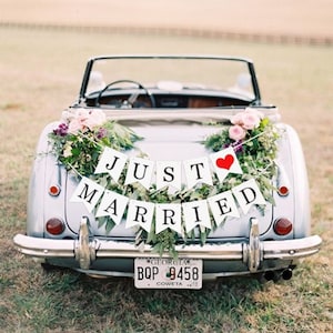 Just Married Wedding White Heart Bunting | Mr and Mrs Wedding Car Banner Decoration
