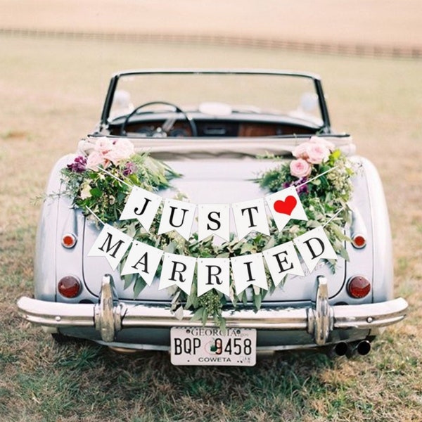 Weiße Herz-Wimpelkette „Just Married Wedding“ | Mr und Mrs Hochzeitsauto-Banner-Dekoration