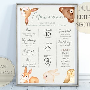 Modello digitale personalizzato per poster personalizzato per ragazza del primo compleanno del bosco, cartello artistico da parete con animali del bosco per il mio primo compleanno del bambino