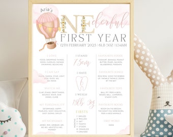 Personalised ONEderful 1st Birthday Girl Milestone Poster Digital Template | Baby My First Year Birthday Hot Air Balloon Wall Art Sign Gift