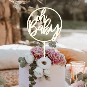 Oh Baby Wooden Baby Shower Cake Topper | Custom Colour Gender Reveal Wood Boho Cake Decorating Pick