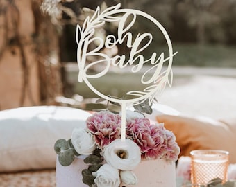 Oh Baby Wooden Baby Shower Floral Topper | Custom Colour Gender Reveal Boho Botanical Wood Cake Pick