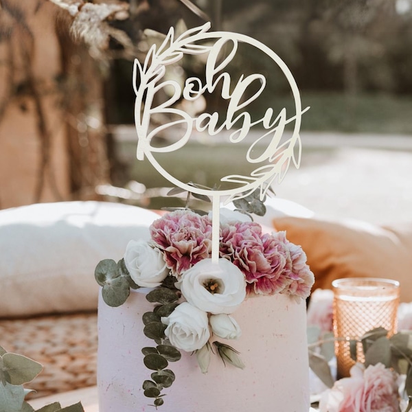 Oh Baby Wooden Baby Shower Floral Topper | Custom Colour Gender Reveal Boho Botanical Wood Cake Pick