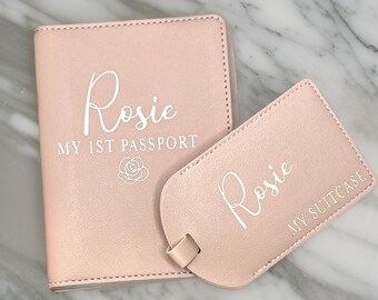 Personalised My First Passport Luggage Tag & Passport Cover Travel Set Gift | Kids 1st Holiday Suitcase Tag