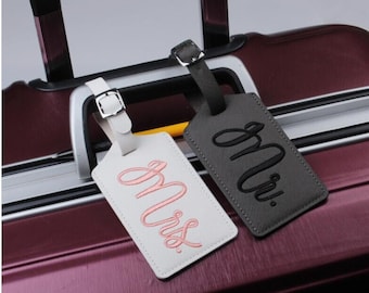 Mr & Mrs Embroidered Honeymoon Luggage Tag - Wedding Travel Suitcases Baggage Accessories - Bride and Groom - Charcoal and White