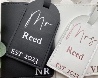 Personalised Luggage Tags & Passport Cover Mr Mrs Set | Bride and Groom Wedding Honeymoon Travel Gift