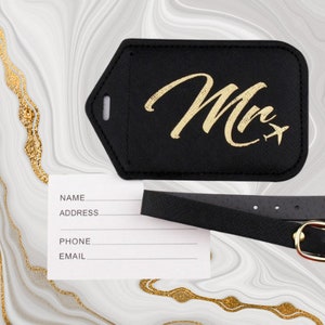 Mr & Mrs Luggage Tags and Passport Cover Set, Wedding Gift for Bride and Groom, Gold Suitcase Tag for Honeymoon Travel image 3