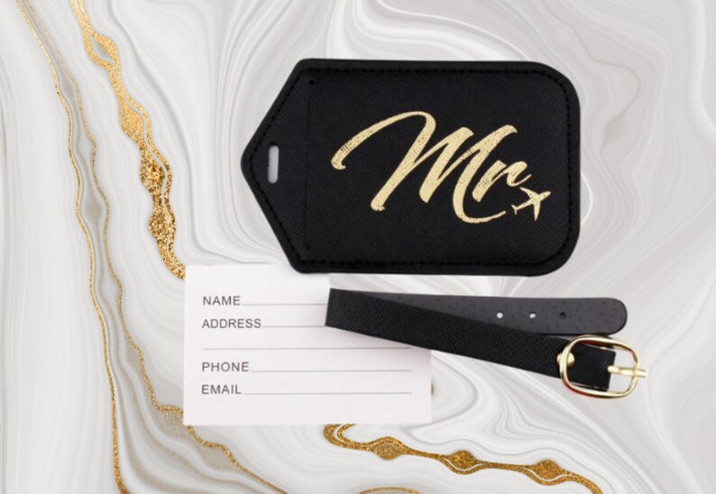 Mr & Mrs Luggage Tags and Passport Cover Set, Wedding Gift for Bride and Groom, Gold Suitcase Tag for Honeymoon Travel image 3