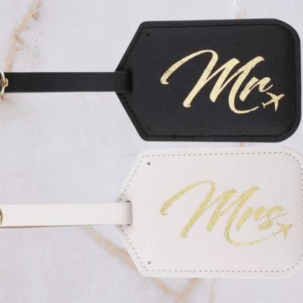 Mr & Mrs Luggage Tags and Passport Cover Set, Wedding Gift for Bride and Groom, Gold Suitcase Tag for Honeymoon Travel