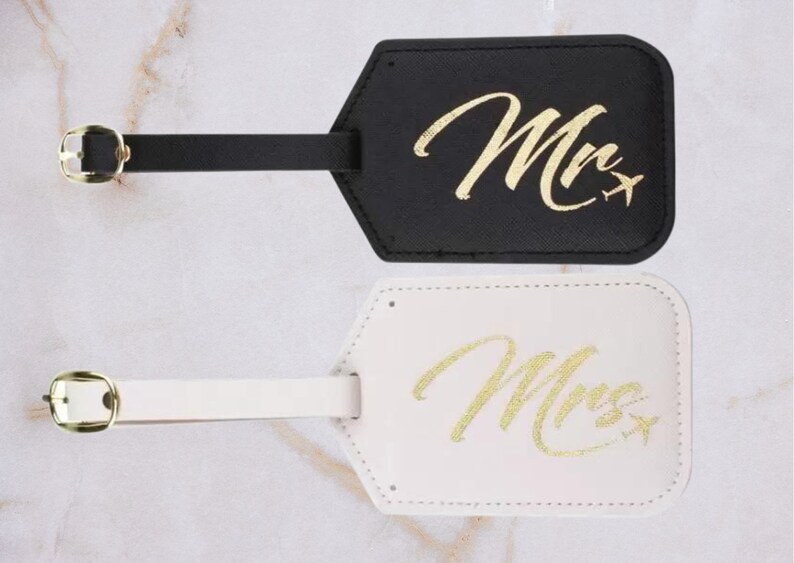 Mr & Mrs Luggage Tags and Passport Cover Set, Wedding Gift for Bride and Groom, Gold Suitcase Tag for Honeymoon Travel image 1