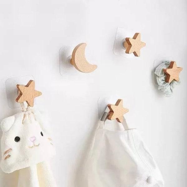 Houten muurhaken voor kinderkamer | Ster Maan Wolk Vorm Muurpinnen | Muur kamer decor | Wandophangstekkers | Muur kunst baby shower cadeau | Nieuwe baby