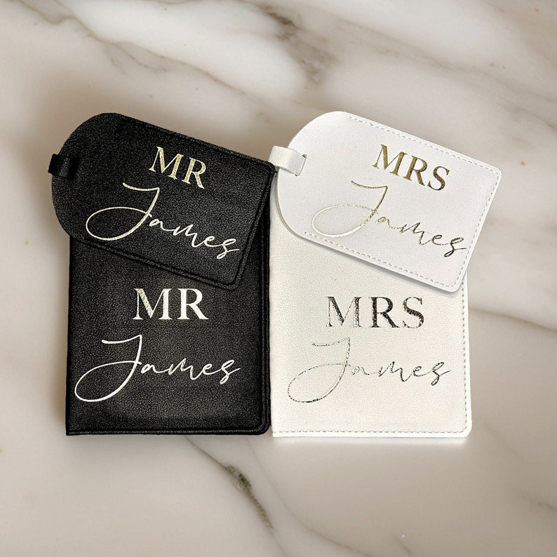 Personalised Luggage Tags & Passport Cover, Mr and Mrs Travel Set, Bride and Groom Wedding Gift, Honeymoon Suitcase Tag and Passport Holder