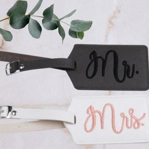 Mr & Mrs Luggage Tags | Faux Leather Embroidery Wedding Gift for Bride and Groom | Grey, White, Pink Suitcase Tag